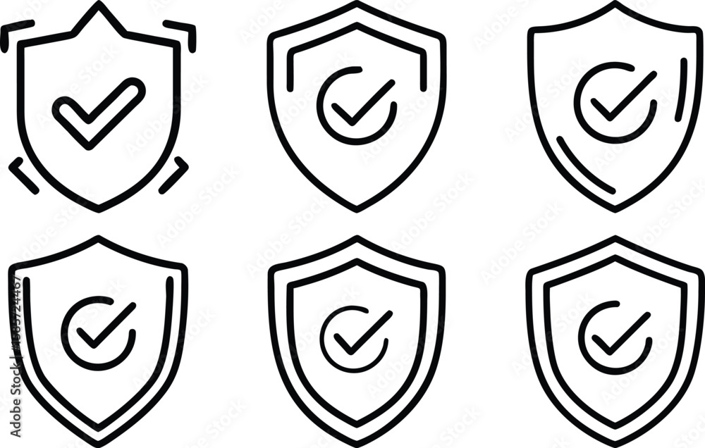 Poster collection of shield icons with checkmarks representing security protection and validation