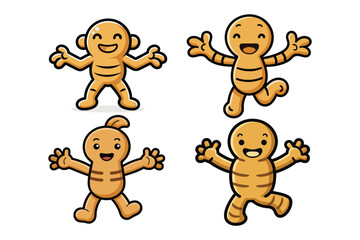 Ginger root character dancing with hands up in the air, solid tan color eps