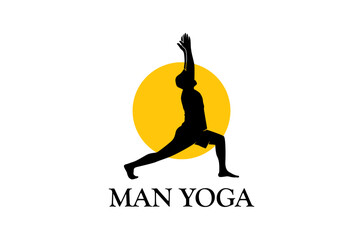 A striking silhouette of a man performing a yoga pose logo design, set against a vibrant yellow sun.  Represents strength, balance, and inner peace. Vector illustration.
