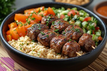 Malian rice with maafe, peanut stew, served alongside grilled meat skewers and fresh vegetables, displayed on a colorful mat with traditional decor and soft daylight