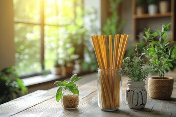 sustainable and green lifestyle concept, a glass jar filled with eco friendly bamboo straws sits on a rustic wooden table, surrounded by potted herbs