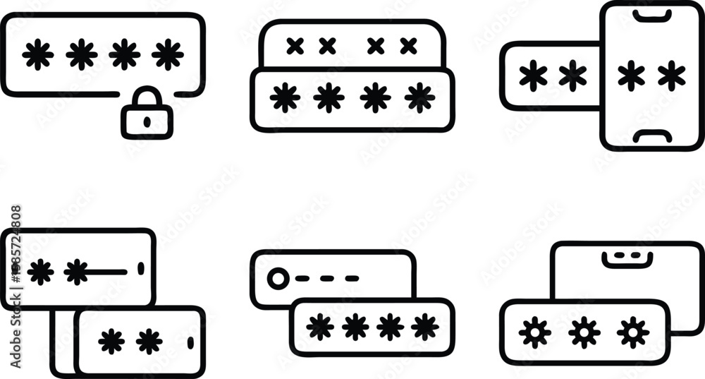 Poster simple vector icons representing passwords security mobile devices and data protection