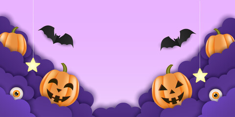 Halloween Sale. Cutout paper style banner with realistic pumpkins, eyes, lamps and bats. Special offer up to 50 percent off.