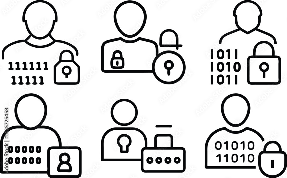 Poster cybersecurity and data protection vector icons illustrating digital user identity and secure access