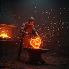 Blacksmith Forging a Fiery Heart: A Dark Fantasy Scene of Love and Craftsmanship