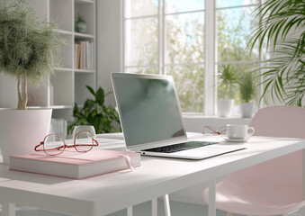 A photo of a white desk with a pink notebook, laptop, and glasses on it