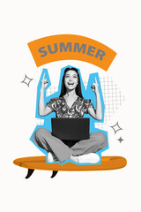 3d image sketch pop artwork collage of happy freelancer girl hold laptop point summer letters sit...