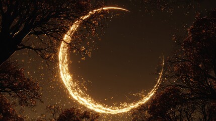Glowing crescent shape surrounded by trees with autumn foliage, warm-toned, whimsical