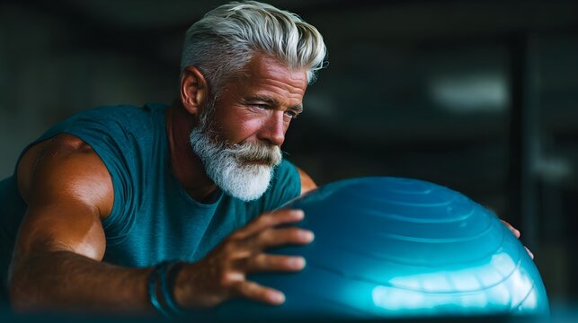 Senior Man Engaging in Exercise with Stability Ball