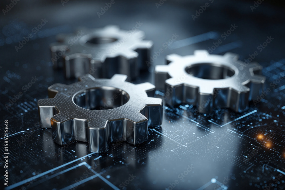 Poster metal gears placed on a digital backdrop showing blue circuit patterns and technical symbols