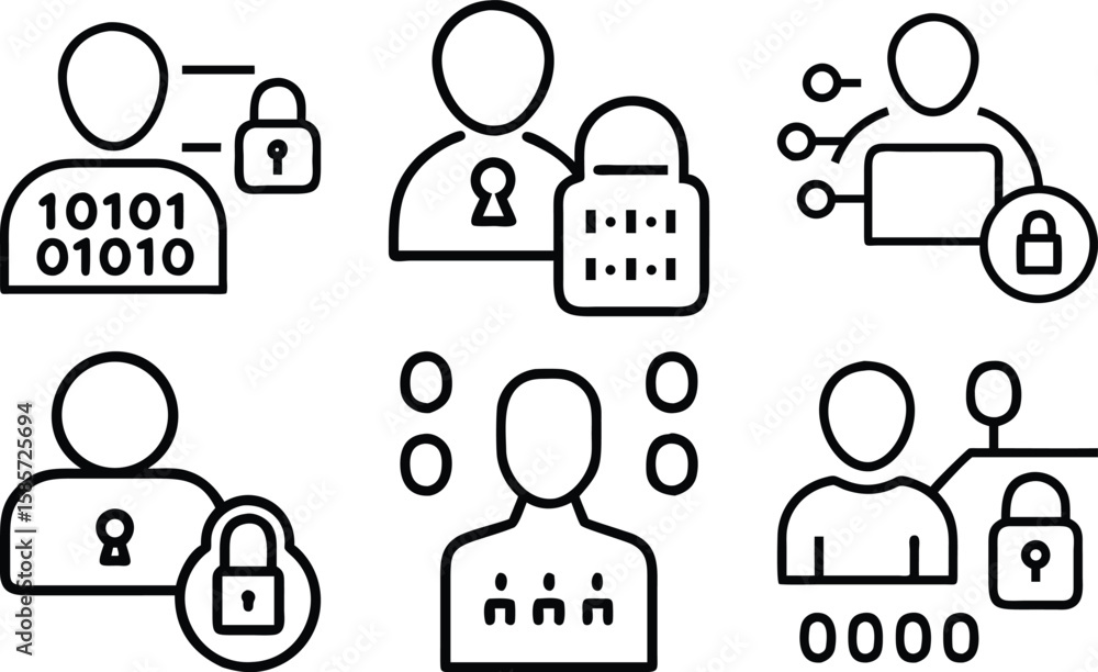 Poster digital security and data protection illustrated through user icons and padlocks
