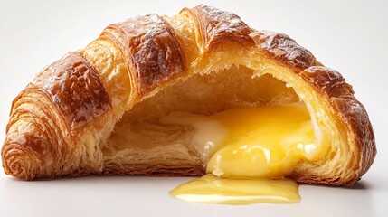 Fresh croissant cut open with butter melting inside isolated on white background .