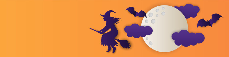 Paper cut horizontal banner with moon, witch and bats with empty space for text. Vector illustration.