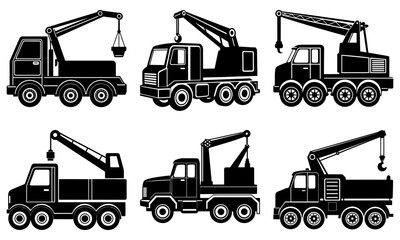 Illustration of six black and white crane trucks in various designs