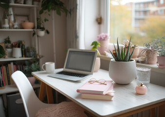 A photo of a white desk with a pink notebook, laptop, and glasses on it