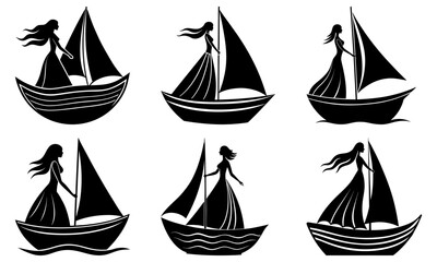 Silhouetted women standing on sailboats with sails in black and white