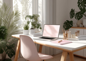 A photo of a white desk with a pink notebook, laptop, and glasses on it