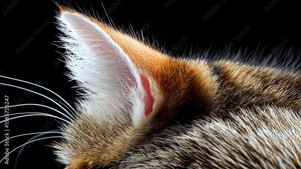 Poster close-up macro shot of ginger cat ear and fur detail showing soft texture and whiskers against dark 