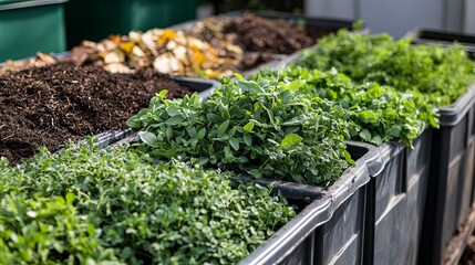 A close-up of fresh herbs growing in a sustainable garden with composting bins in the background. .