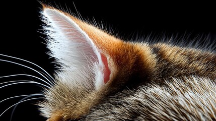 Close-up macro shot of ginger cat ear and fur detail showing soft texture and whiskers against dark background, highlighting feline anatomy and natural patterns.
