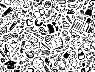 Black and white doodle pattern featuring various school and science-related icons like pencils, books, clocks, globes, flasks, apples, and graduation caps.