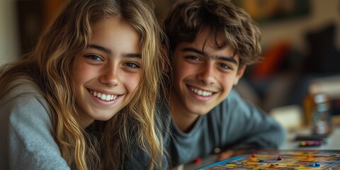 two teenagers laughing and playing a board game, with their phones placed out of reach on a nearby table, bright living room with empty right side for text, natural daylight