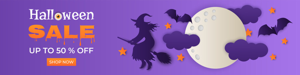 Halloween Sale. Paper cut horizontal banner with moon, witch, stars and bats. Special offer up to 50 percent off.