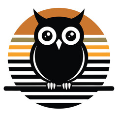 Circular owl perched on a branch with a faded retro design