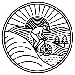Retro cyclist riding a bike on a hill with a layered sun in the background