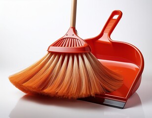 isolated white scene featuring a large sweeping brush and dustpan