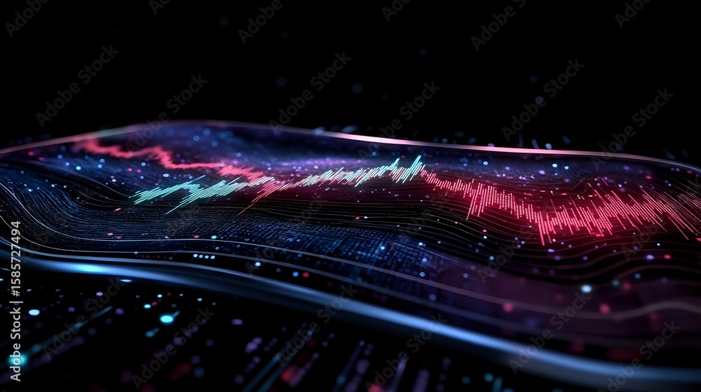 Poster abstract digital wave visualization with glowing red and blue light effects against dark background,