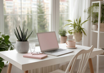 A photo of a white desk with a pink notebook, laptop, and glasses on it