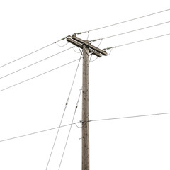 Wooden utility pole with multiple electrical wires and insulators isolated on transparent background