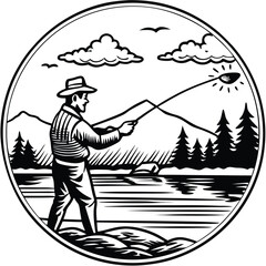 Vintage fisherman casting a line into a serene lake at sunrise