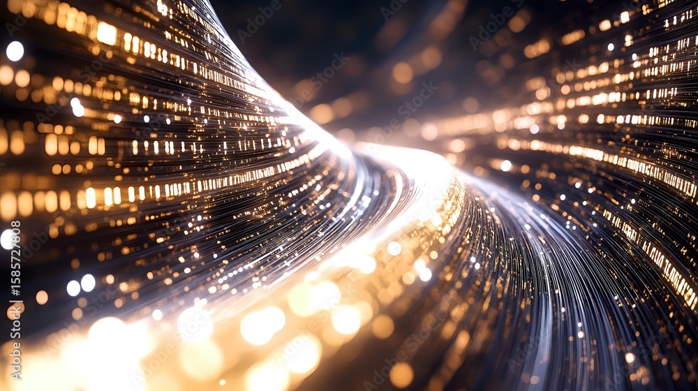 Poster dynamic light trails curve through dark space creating glowing spiral effect with golden bokeh parti
