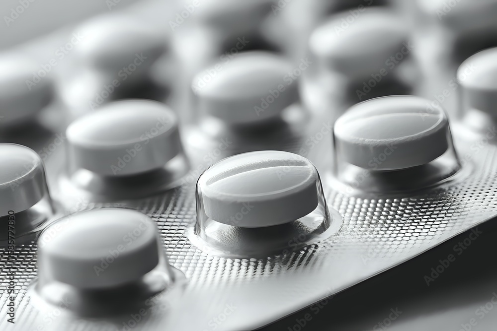 Poster close-up macro shot of white round pills in blister pack with selective focus and shallow depth of f