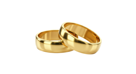 Two shiny golden wedding rings close-up isolated PNG with Transparent Background