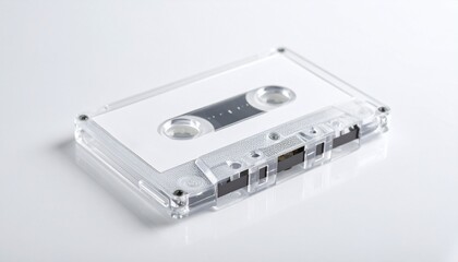 A transparent cassette tape with a white label—its reels frozen mid-wind against a pale surface—evokes themes of analog memory, suspended narrative, and the quiet tension between recording and erasure