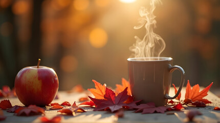 Warm Autumn Scene with Apple and Hot Coffee Mug in Sunlight
