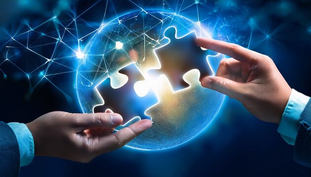 hands holding a glowing 3d puzzle piece fitting it into a larger creative business puzzle solution finding creative problem solving in business