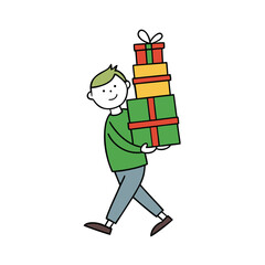 Happy child carrying a large stack of colorful wrapped gifts