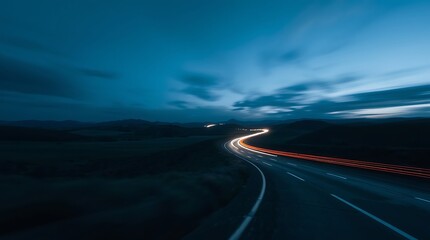 Naklejka premium A cinematic HD long exposure photograph of a cool-toned landscape, blues, greens, and purples, capturing motion or light trails
