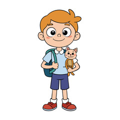 Cute illustration of a young boy carrying a small kitten in his backpack