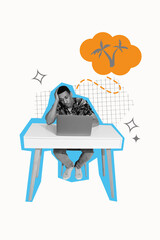 Vertical image sketch poster collage of puzzled man sit office workplace table surf laptop dream...