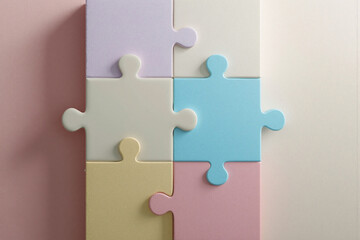 Colorful puzzle pieces arranged in a playful pattern on a pastel background in a well-lit indoor space