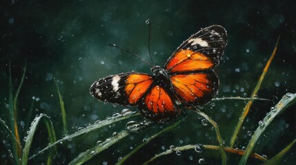 Butterfly resting on dewy grass, in an outdoor painting, with a blurred background