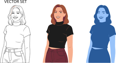 Stylized vector set of a smiling woman in casual outfit