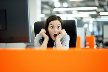 Young woman with shocked facial expression sitting at orange office desk, hands on face showing surprise and fear emotion in corporate workspace.