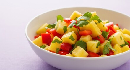 A vibrant close-up of a white bowl filled with pineapple salsa, featuring diced pineapple, red bell pepper, and fresh cilantro.