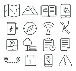 Scientific tools icon collection. lab equipment linear icons: microscope, flask, stopwatch, calculator, notebook, beaker vector icons